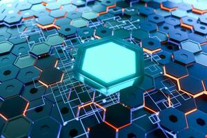 Glowing hexagonal cubes background, hi-tech cyberspace, 3d rendering. photo