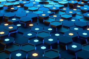 Glowing hexagonal cubes background, hi-tech cyberspace, 3d rendering. photo