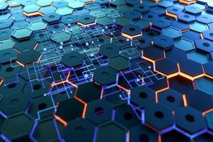 Glowing hexagonal cubes background, hi-tech cyberspace, 3d rendering. photo