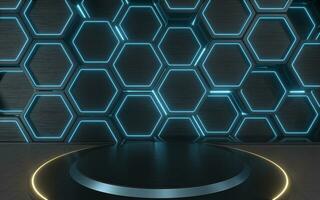 Empty round stage with hexagon geometric background, 3d rendering. photo