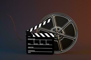 Clapper board and film tape with dark background, 3d rendering. photo