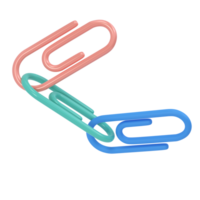 Three clips 3d icon school. Volumetric tool for paper and documents. Blue, pink and green sturdy holder for attaching drawings and sketches. Staple for stationary binder for office and home accessory png