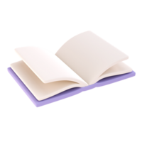 3d icon open book school, diary with white paper blank pages and bookmark. Cartoon minimal style isolated transparent png