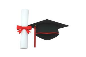 graduado sombrero con diploma aparte en blanco fondo, 3d representación. foto