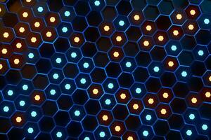 Glowing hexagonal cubes background, hi-tech cyberspace, 3d rendering. photo