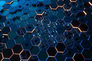 Glowing hexagonal cubes background, hi-tech cyberspace, 3d rendering. photo