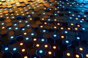 Glowing hexagonal cubes background, hi-tech cyberspace, 3d rendering. photo