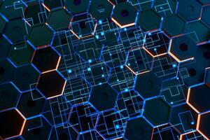 Glowing hexagonal cubes background, hi-tech cyberspace, 3d rendering. photo