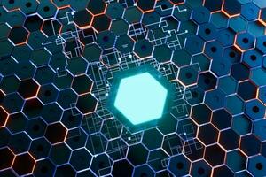 Glowing hexagonal cubes background, hi-tech cyberspace, 3d rendering. photo