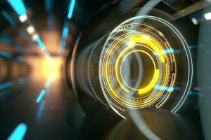 Dark tunnel with glowing HUD elements, 3d rendering. photo