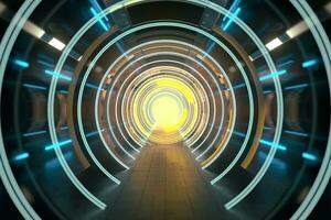 Dark tunnel with glowing HUD elements, 3d rendering. photo