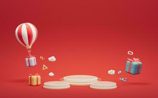 Empty stage and gifts with red background, 3d rendering. photo