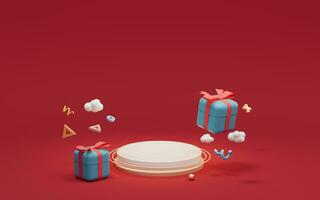 Empty stage and gifts with red background, 3d rendering. photo