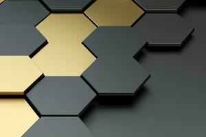 Dark and golden hexagon pattern background, 3d rendering. photo