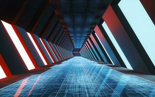 Tunnel of the future, futuristic room, 3d rendering. photo
