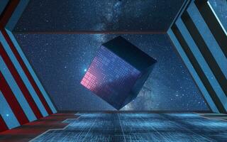 The cube in the tunnel, futuristic room, 3d rendering. photo