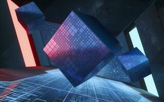 The cube in the tunnel, futuristic room, 3d rendering. photo
