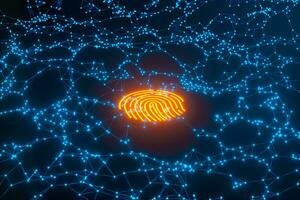 Glowing golden fingerprint identification with blue background, 3d rendering. photo