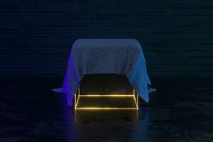 Cubic podium in the corner with cloth covered, 3d rendering. photo
