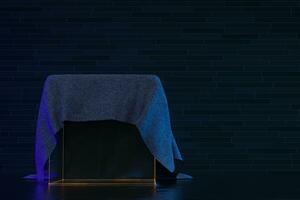 Cubic podium in the corner with cloth covered, 3d rendering. photo