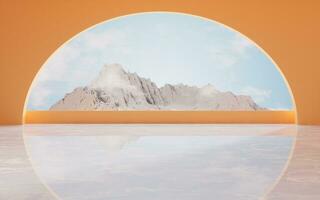 Empty room with large round window, 3d rendering. photo