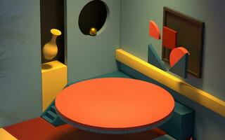 Podium in a room filled with creative geometrical shapes, 3d rendering. photo