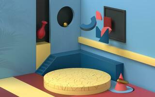 Podium in a room filled with creative geometrical shapes, 3d rendering. photo