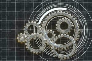 Mechanical gears and blueprint lines, 3d rendering. photo