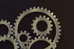 Meshing mechanical gears, metallic parts, 3d rendering. photo