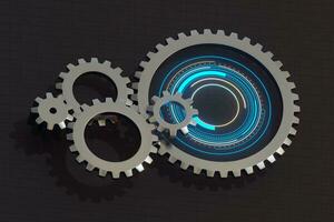 Meshing mechanical gears, metallic parts, 3d rendering. photo