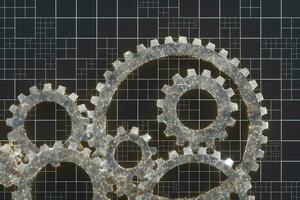 Mechanical gears and blueprint lines, 3d rendering. photo