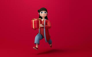 un chino niña y regalos con rojo fondo, 3d representación. foto
