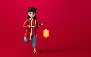 un chino niña participación un linterna, 3d representación. foto