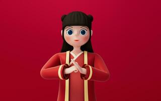 A Chinese girl with red background, cartoon character, 3d rendering. photo