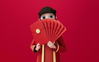 un niña participación rojo paquetes con rojo fondo, 3d representación. foto
