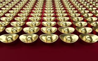 Chinese gold ingot with red background, 3d rendering. photo