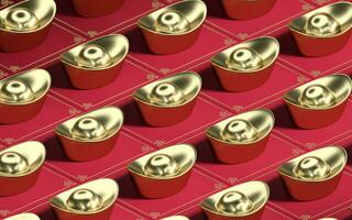 Chinese gold ingot with red background, 3d rendering. photo