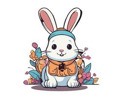 Cute cartoon rabbit sitting in the grass with flowers Vector illustration