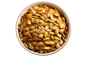 Pumpkin seeds in the bowl on isolated background.Healthy and vegan concept.Created with Generative AI technology. png