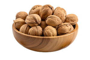 Walnuts in the bowl on isolated background.Healthy and vegan concept.Created with Generative AI technology. png