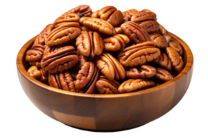 Candied Pecans in the bowl on isolated background.Healthy and vegan concept.Created with Generative AI technology. png