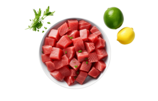 Fresh tuna cut into pieces in bowl isolated on a Transparent PNG Background AI Generative