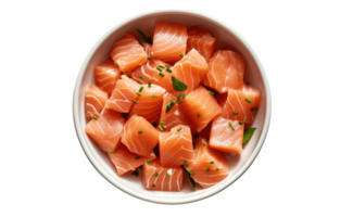 frisch Lachs Schnitt in Stücke im ein isoliert Schüssel auf ein transparent png Hintergrund ai generativ