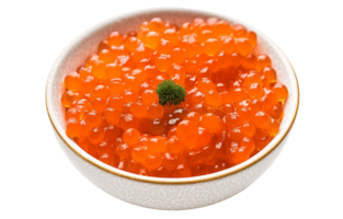 Top view, Fresh salmon roe in bowl isolated on a Transparent PNG Background AI Generative