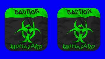 Cuidado risco biológico placa bandeira dentro escudeiro forma isolado com avião e colisão textura, 3d Renderização, verde tela, alfa fosco video