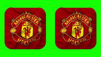 Manchester unido fútbol americano club bandera en escudero forma aislado con llanura y bache textura, 3d representación, verde pantalla, alfa mate video