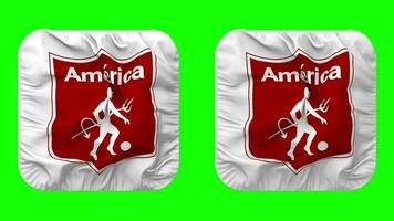 America de cali sa calcio club bandiera nel scudiero forma isolato con pianura e urto struttura, 3d rendering, verde schermo, alfa Opaco video