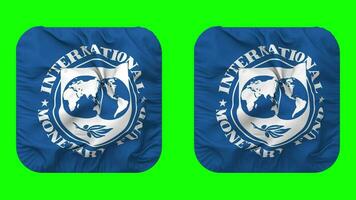 internacional monetario fondo, imf bandera en escudero forma aislado con llanura y bache textura, 3d representación, verde pantalla, alfa mate video