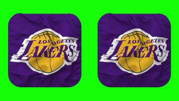 los angeles lakers bandera en escudero forma aislado con llanura y bache textura, 3d representación, verde pantalla, alfa mate video