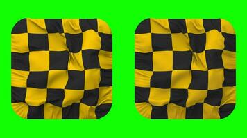 courses noir et Jaune à carreaux drapeau dans écuyer forme isolé avec plaine et bosse texture, 3d le rendu, vert filtrer, alpha mat video